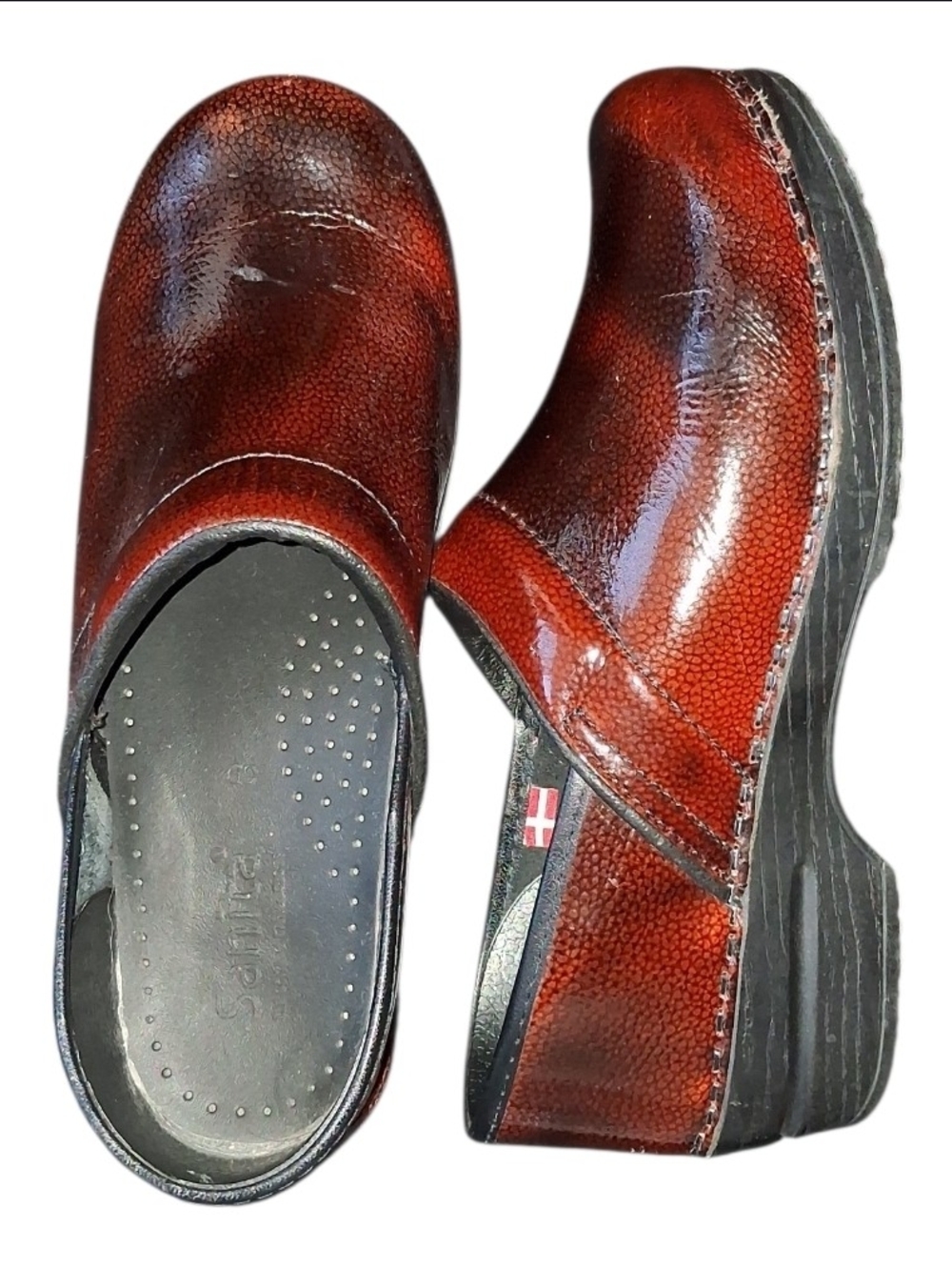 Sanita Red Burnished Leather Slip-On Clogs